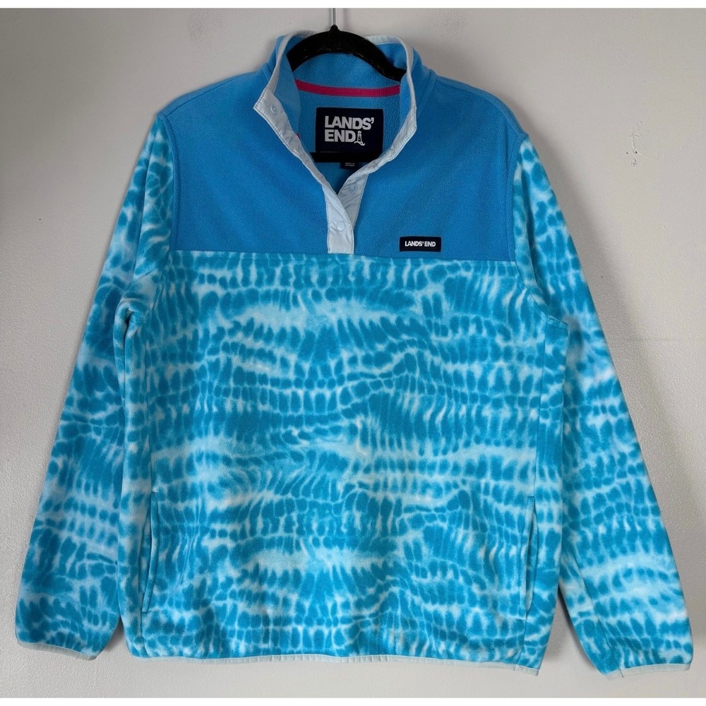 Lands' End 1/4 Snap Up Blue Tie Dye Fleece Pullover Jacket Large Tall Mock Neck